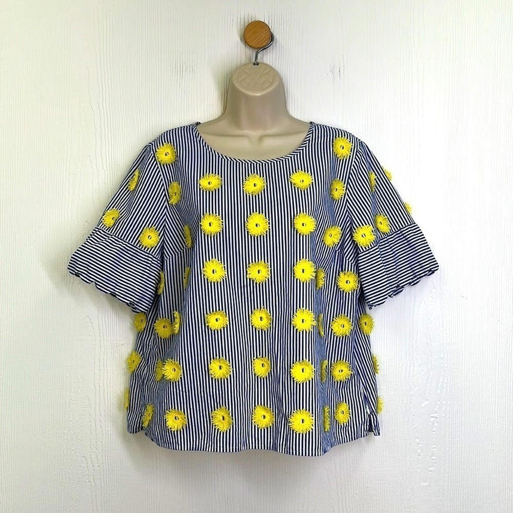 Talbots - Blue Stripe W/ Yellow Appliqués Short Sleeve Blouse Size Large Petite